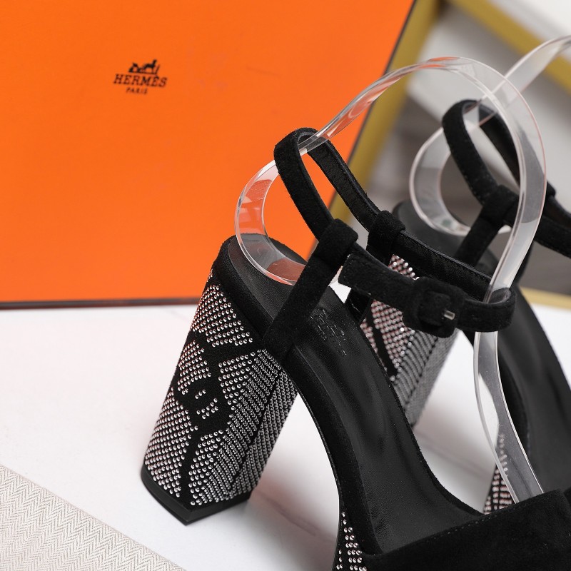 Женские черные сандалии на платформе с кристаллами и прозрачными strap Hermès
