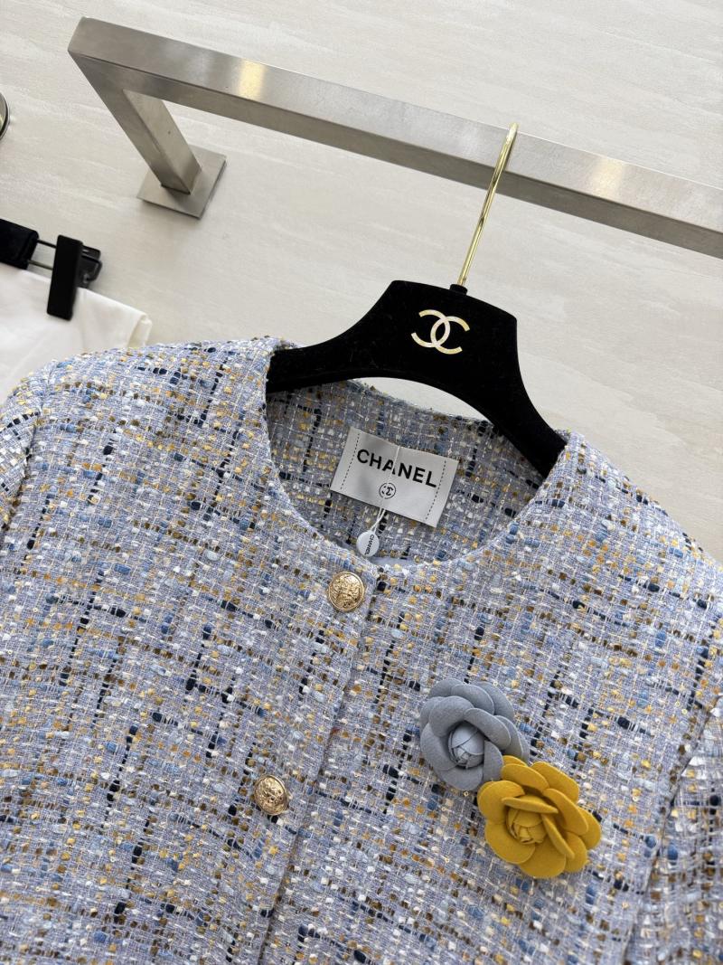 Женский укороченный жакет из твида, голубой оттенок Chanel