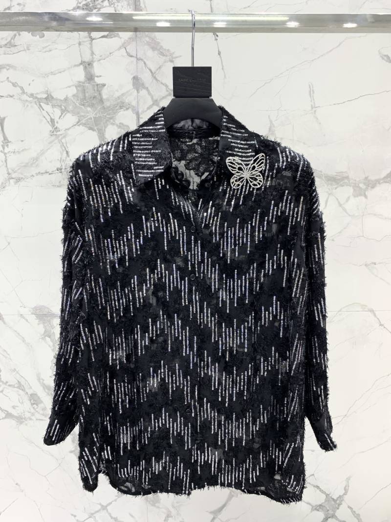 Блуза Saint Laurent черная с пайетками и брошью