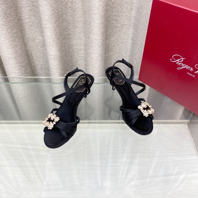 Женские черные босоножки на высоком каблуке с цветочной отделкой Roger Vivier