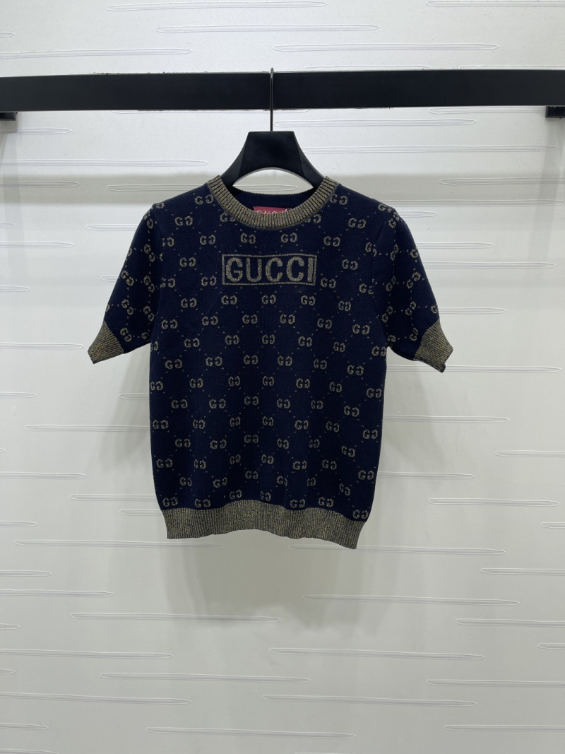 Вязаный короткий джемпер с круглым вырезом и золотым узором Gucci
