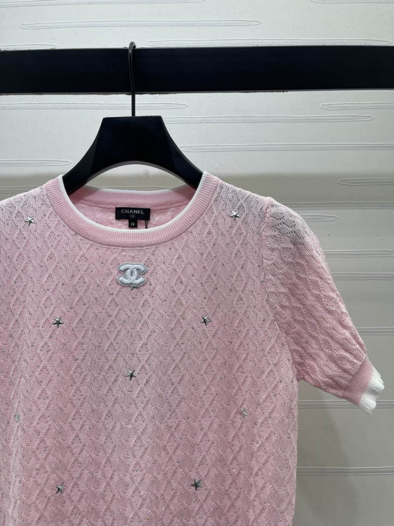 Топ женский розовый вязаный со стразами Chanel