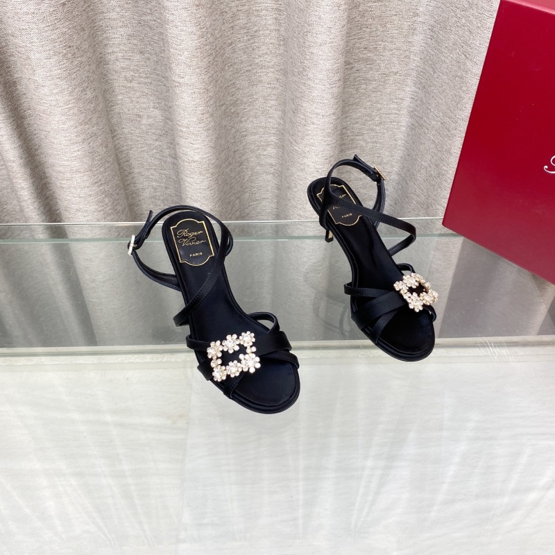 Женские черные босоножки на высоком каблуке с цветочной отделкой Roger Vivier
