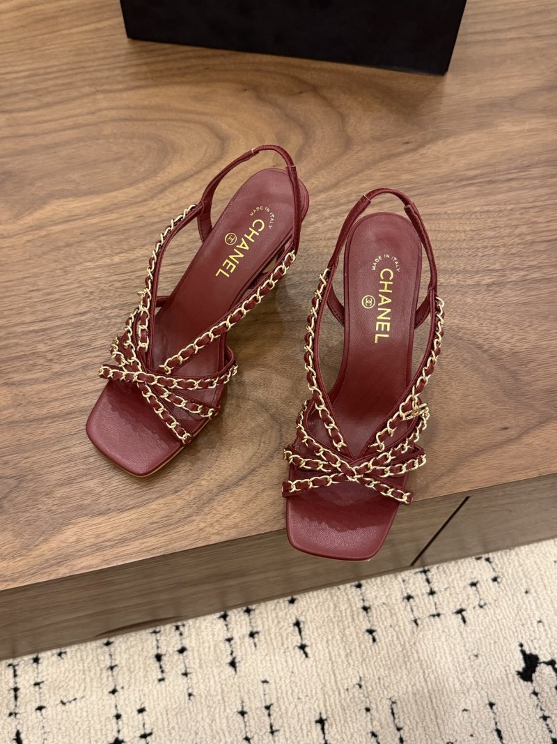 Женские босоножки на каблуке с цепью, бордовые Chanel