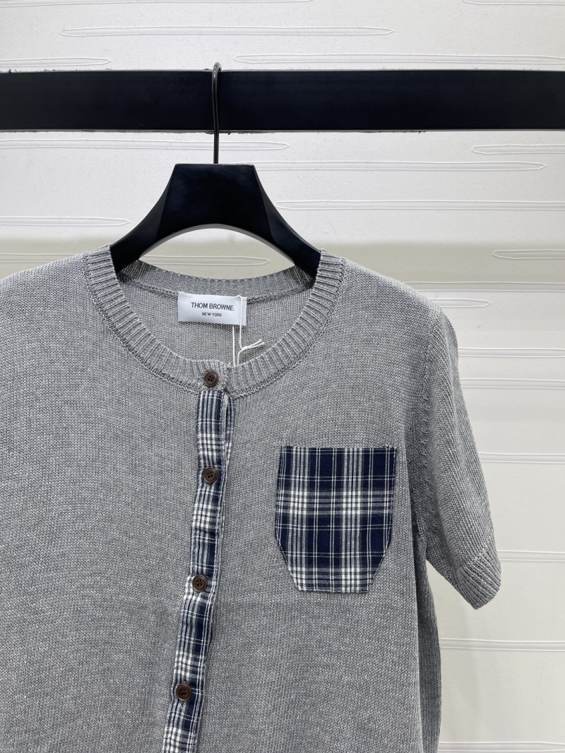 Женский вязаный кардиган с коротким рукавом и клетчатым карманом Thom Browne