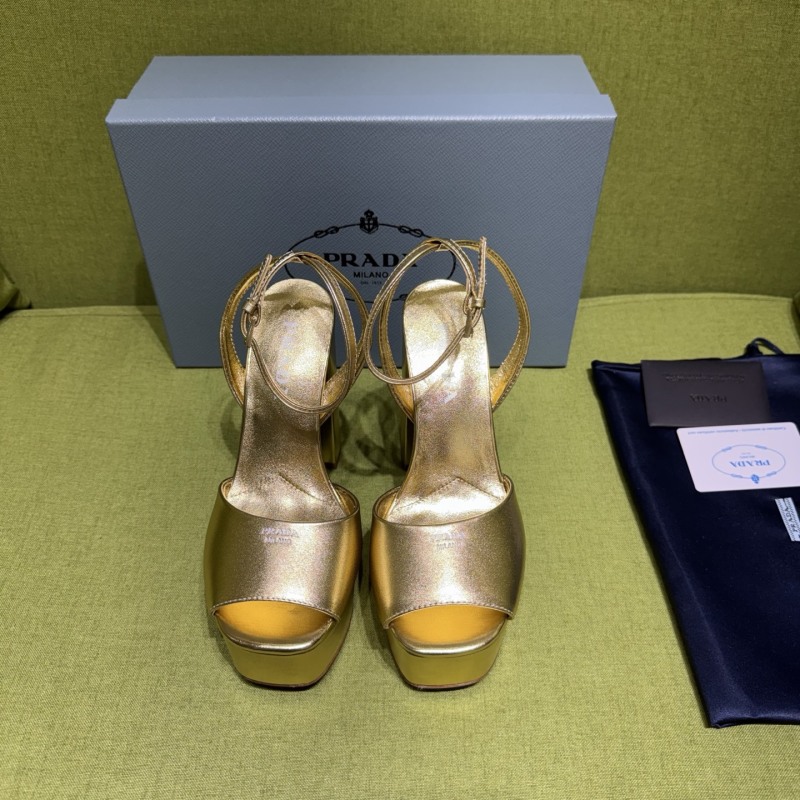 Золотые женские босоножки на высоком каблуке Prada