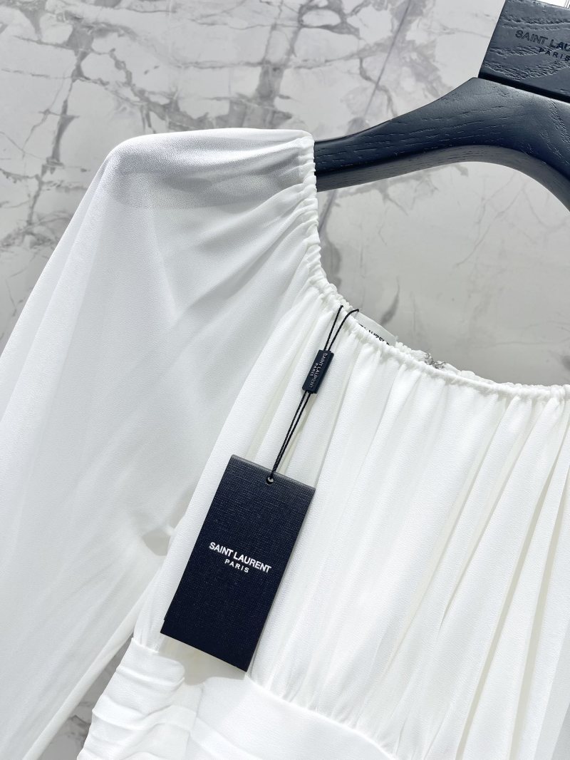 Платье женское повседневное белое из шифона с длинными рукавами Saint Laurent