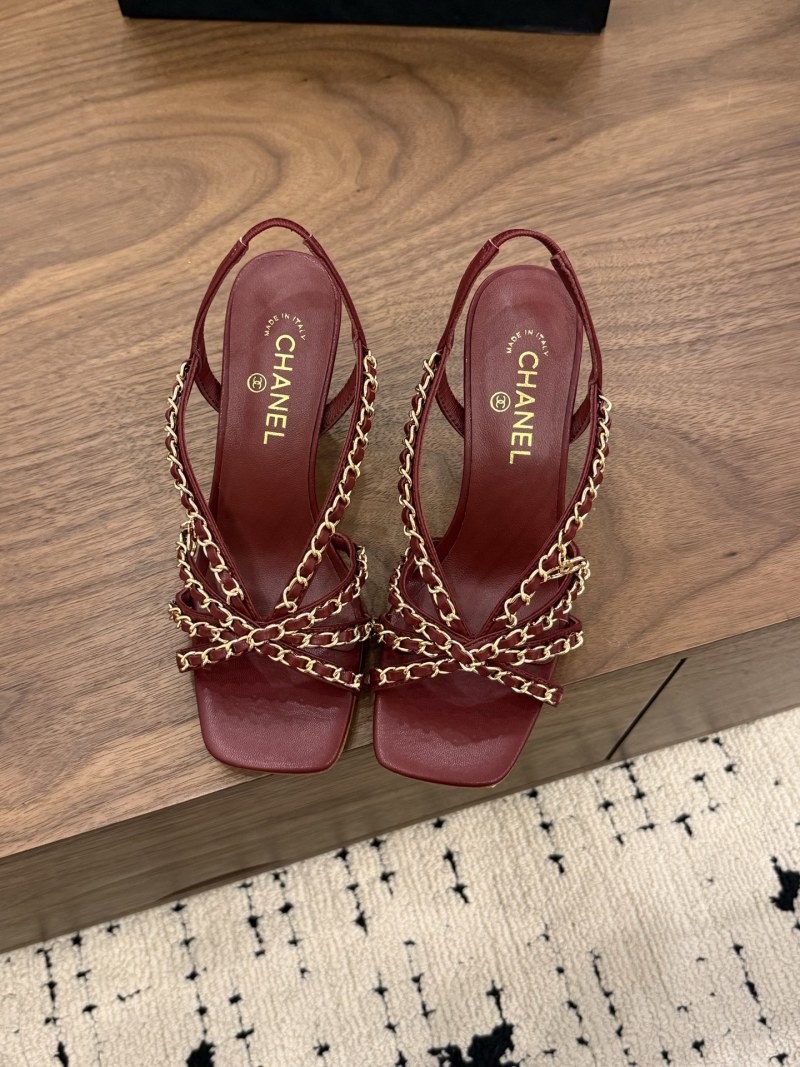Женские босоножки на каблуке с цепью, бордовые Chanel